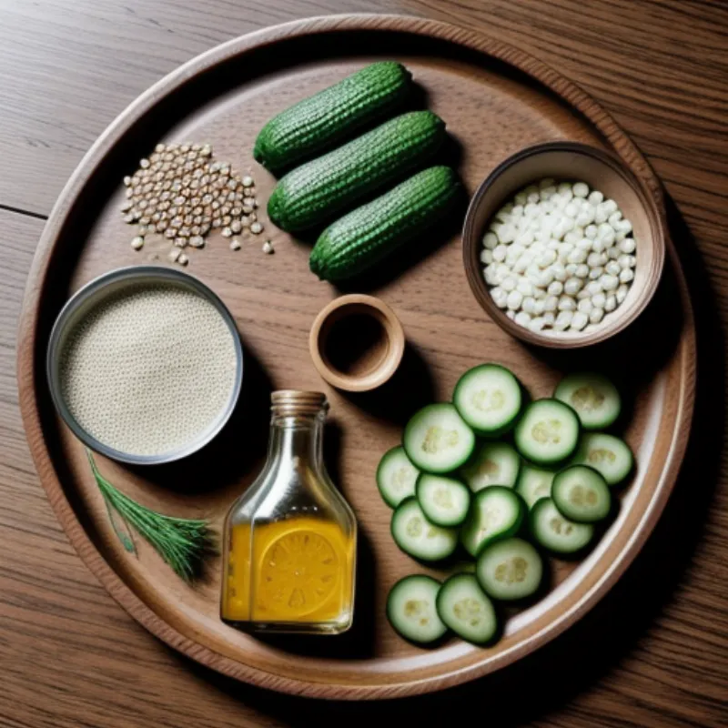 ingredients for dill pickles on a wooden table